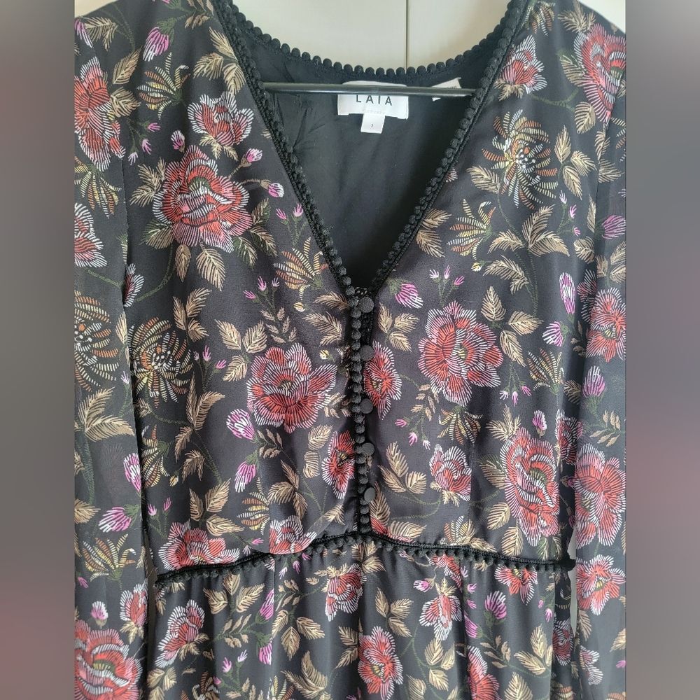 Anthropologie LAIA Ines Maxi Dress Black Floral Pleated Flare Sheath Small - Picture 5 of 9